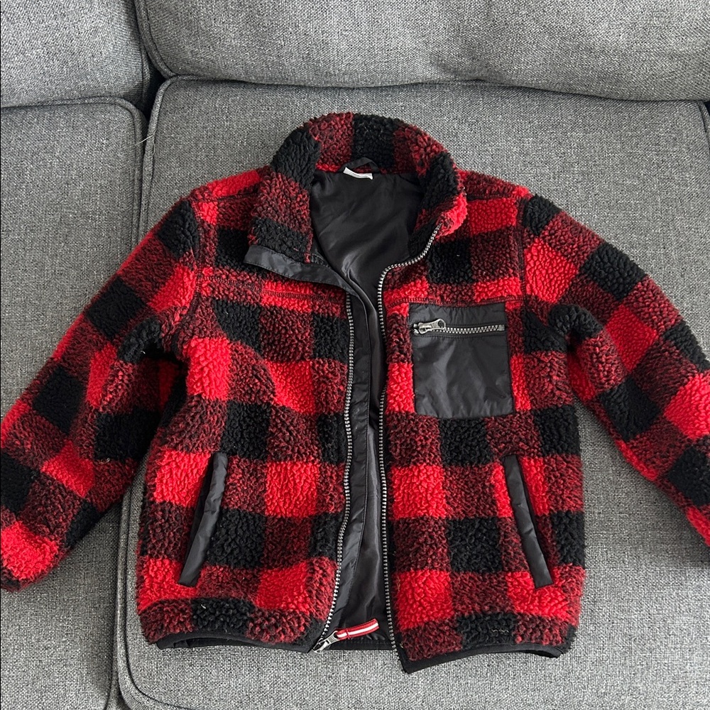 Wondernation Boys Small 6-7 Red and Black Plaid Jacket